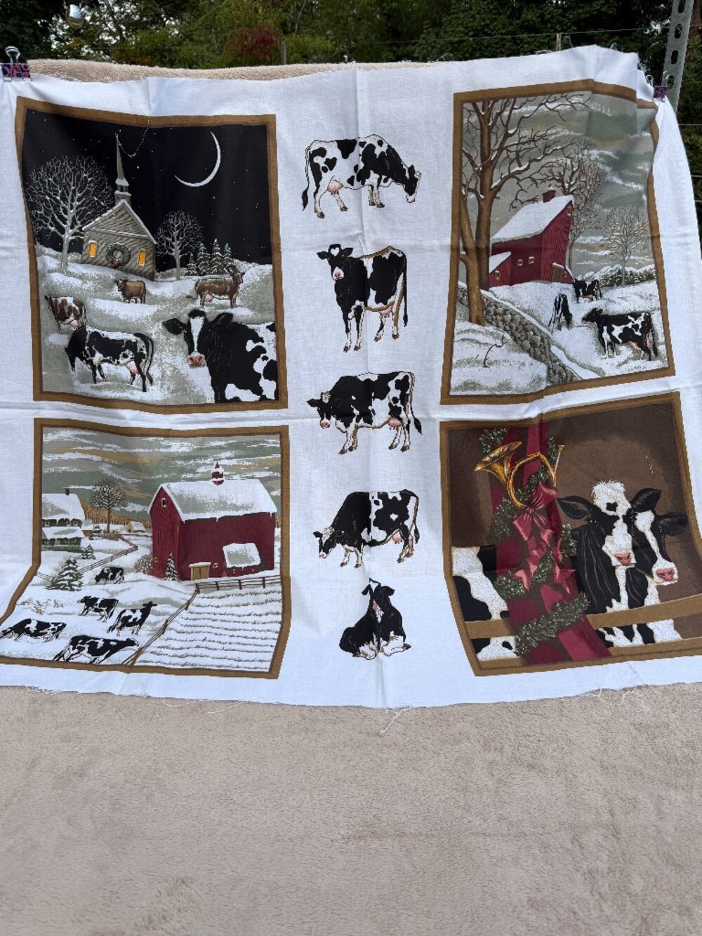 Vintage Lincoln Textiles Winter Cow Farm Fabric Panel Christmas Holiday